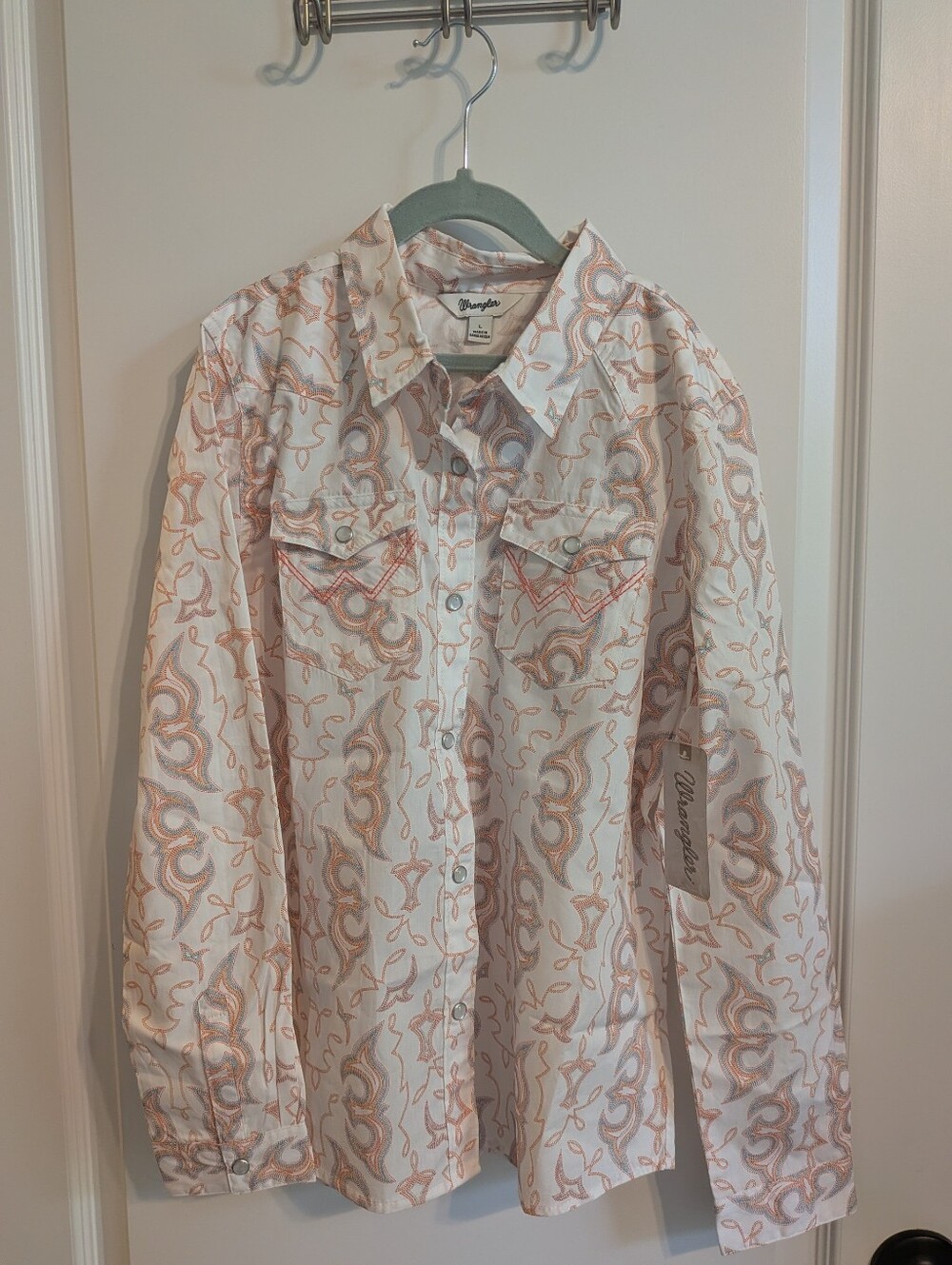 Wrangler Girls White Shirt with Peach And Blue Paisley Print. Pearl Snap